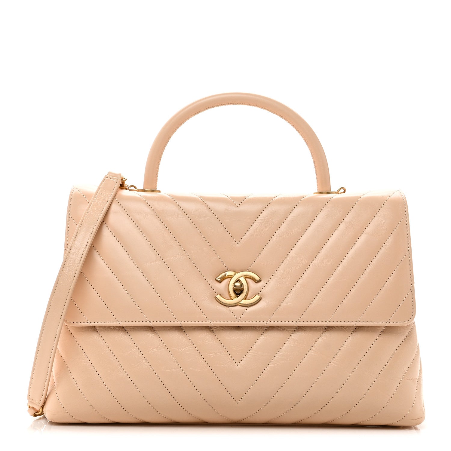 Calfskin Chevron Quilted Medium Coco Handle Flap Beige