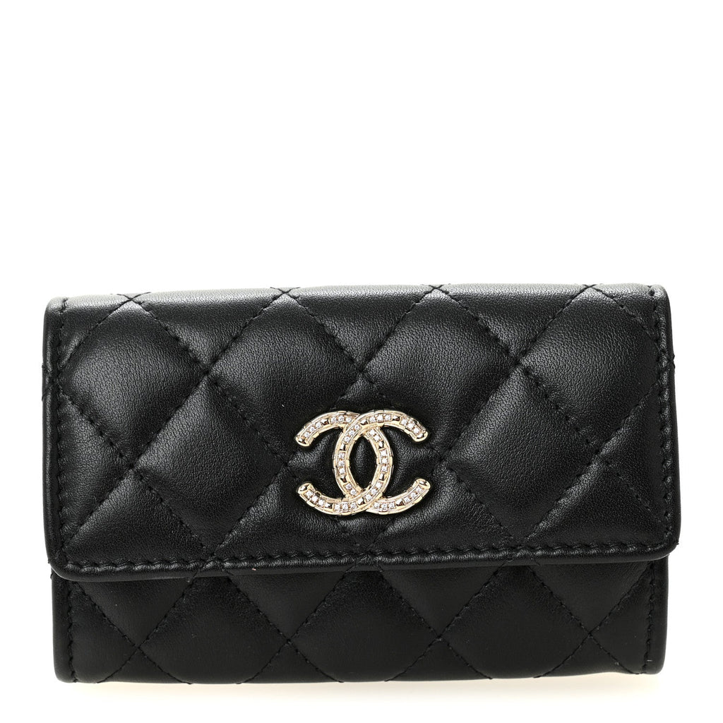 Shiny Lambskin Quilted Textured CC  Holder Black