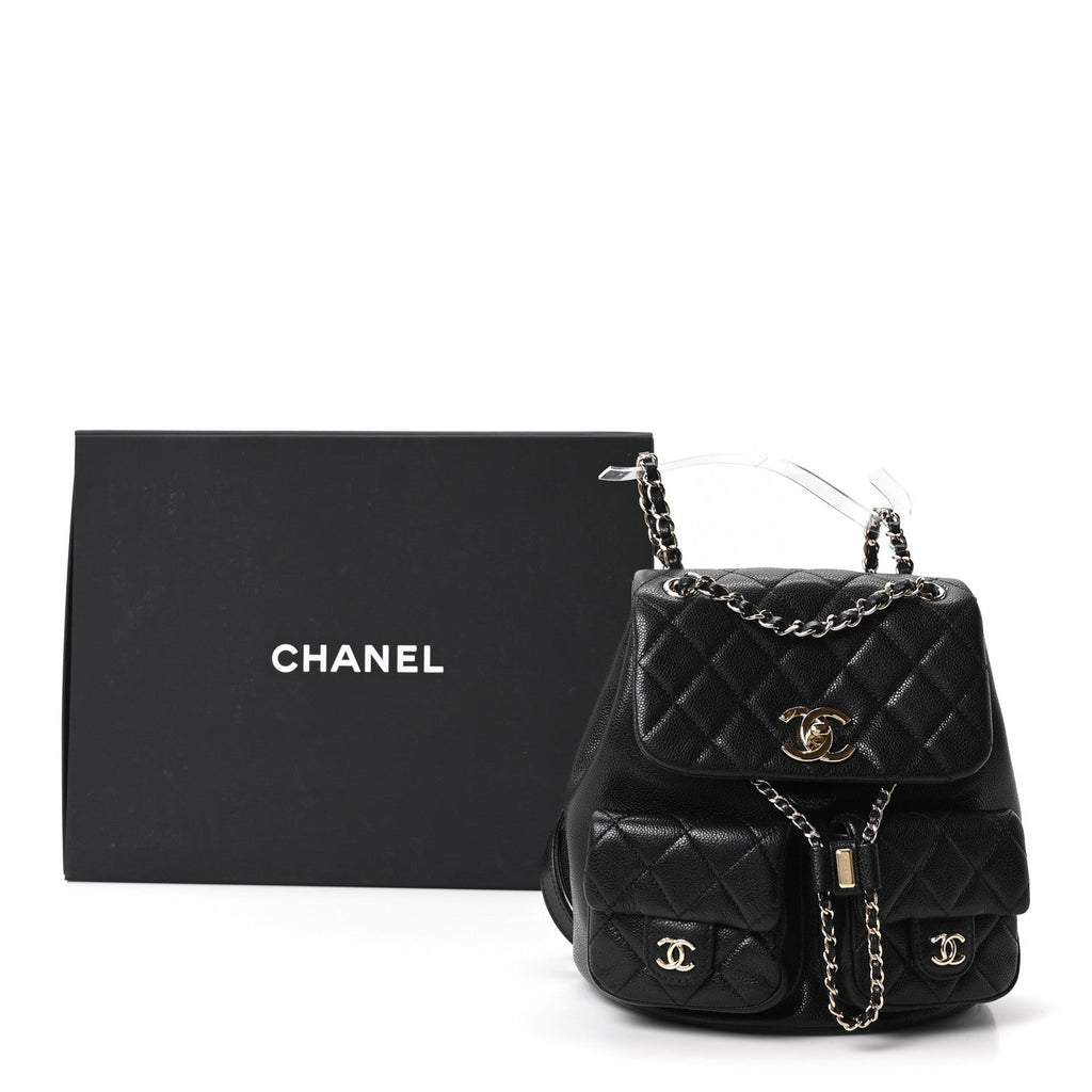 Shiny Caviar Quilted Medium Duma Pockets Drawstring Backpack Black