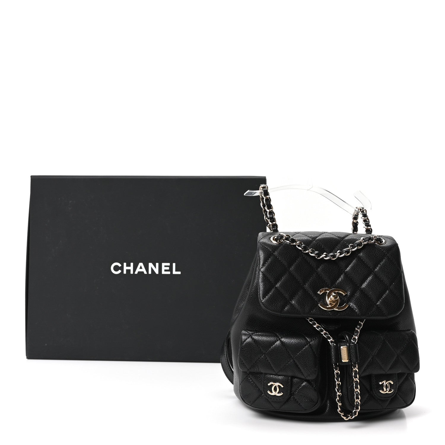 Shiny Caviar Quilted Medium Duma Pockets Drawstring Backpack Black