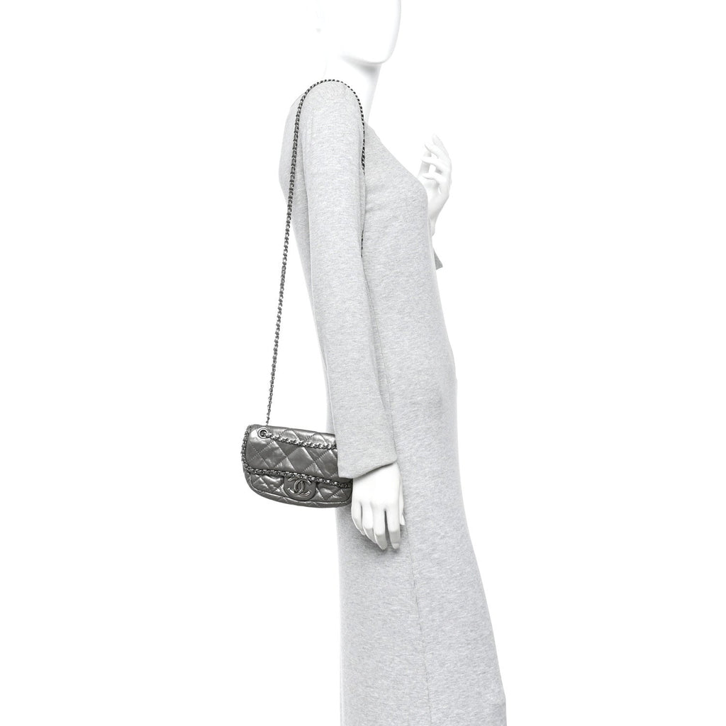 Metallic Aged Calfskin Mini Chain Me Flap Pewter