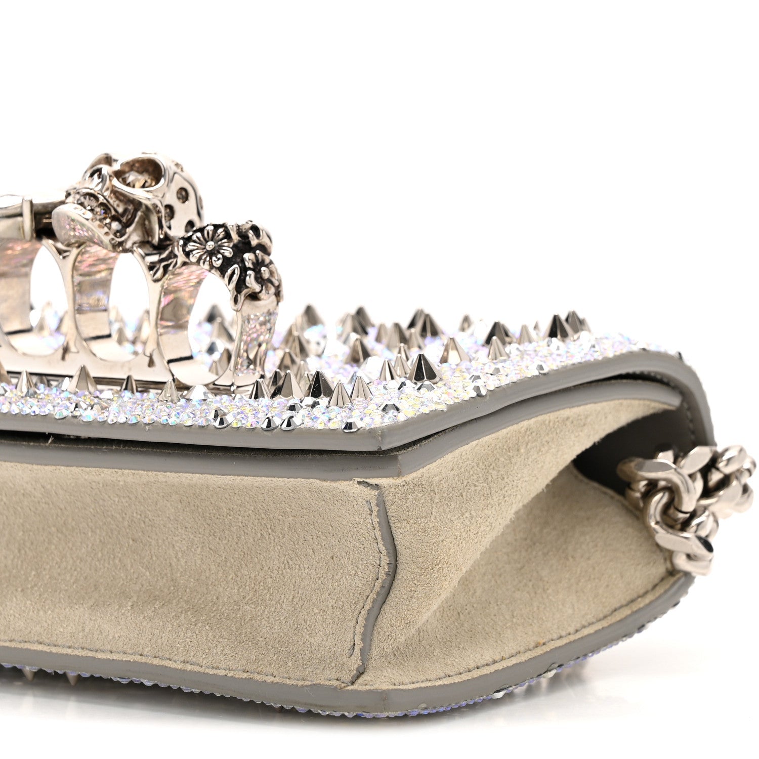 Suede Calfskin Crystal Studded Mini Jeweled Knuckle Satchel Silver