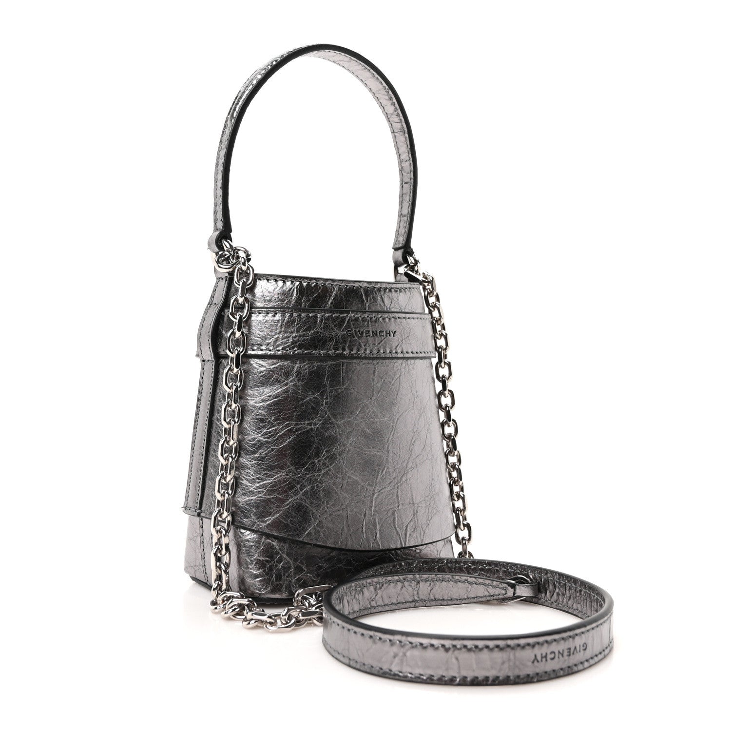 Laminated Lambskin Micro Shark Lock Bucket Bag Silvery Grey