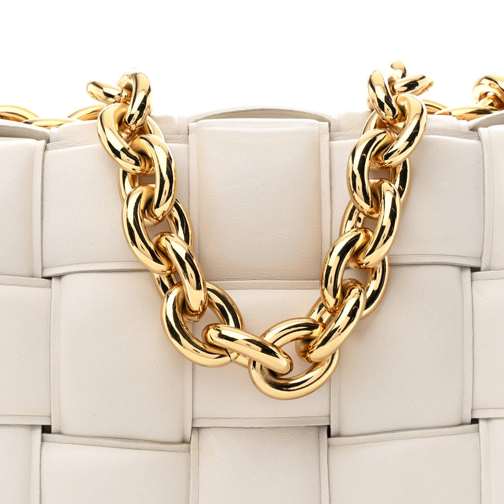 Lambskin Maxi Intreccio Padded Chain Cassette Crossbody Bag White