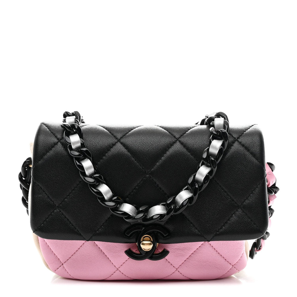 Lambskin Quilted Mini Lacquered Chain Flap Black Pink Beige Silver