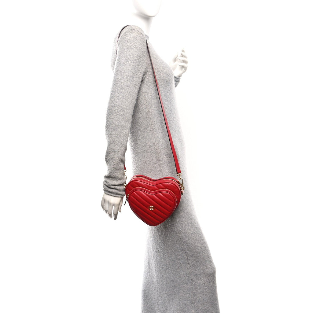Calfskin Matelasse Diagonal Mini Interlocking G Heart Shoulder Bag Hibiscus Red