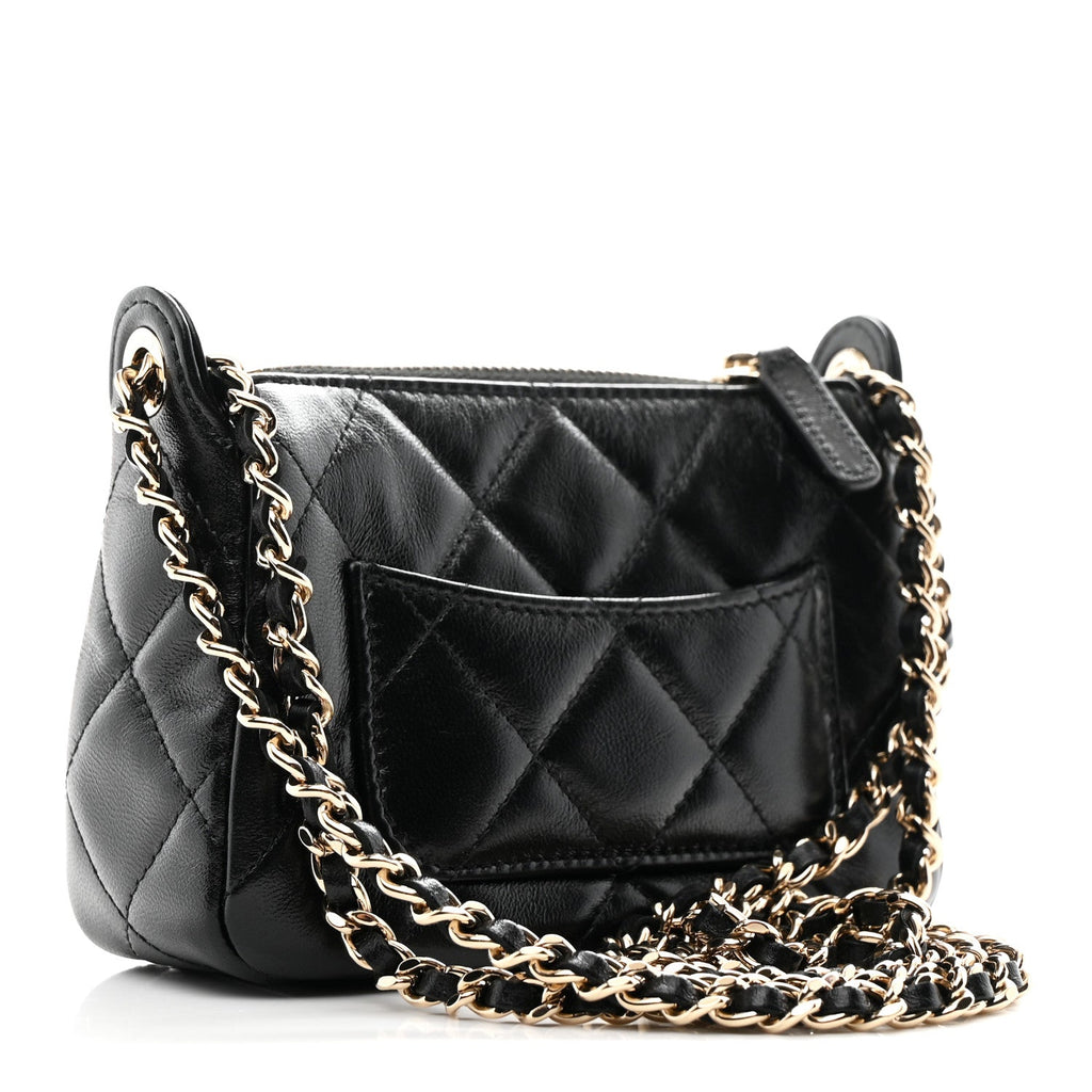 Shiny Crumpled Lambskin Quilted Mini Clutch With Chain Black