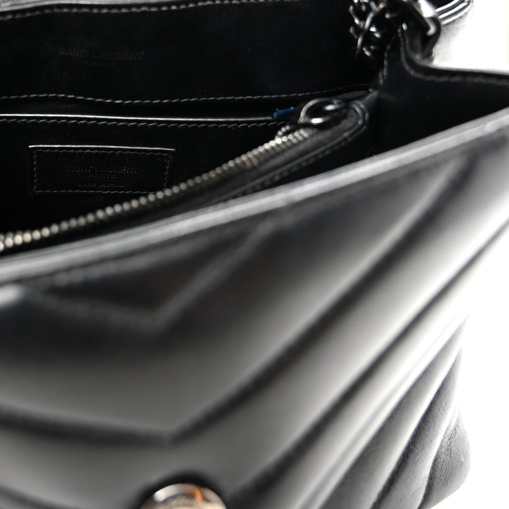 Calfskin Y Quilted Monogram Monochrome Small Loulou Chain Satchel Black