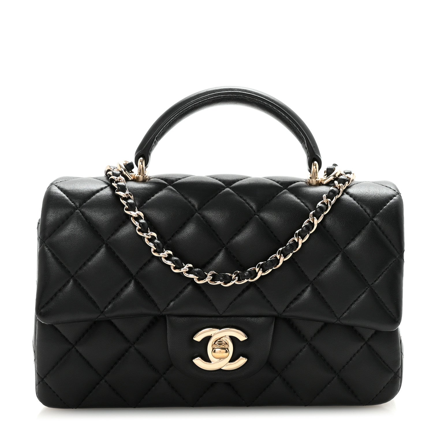 Lambskin Quilted Mini Top Handle Rectangular Flap Black