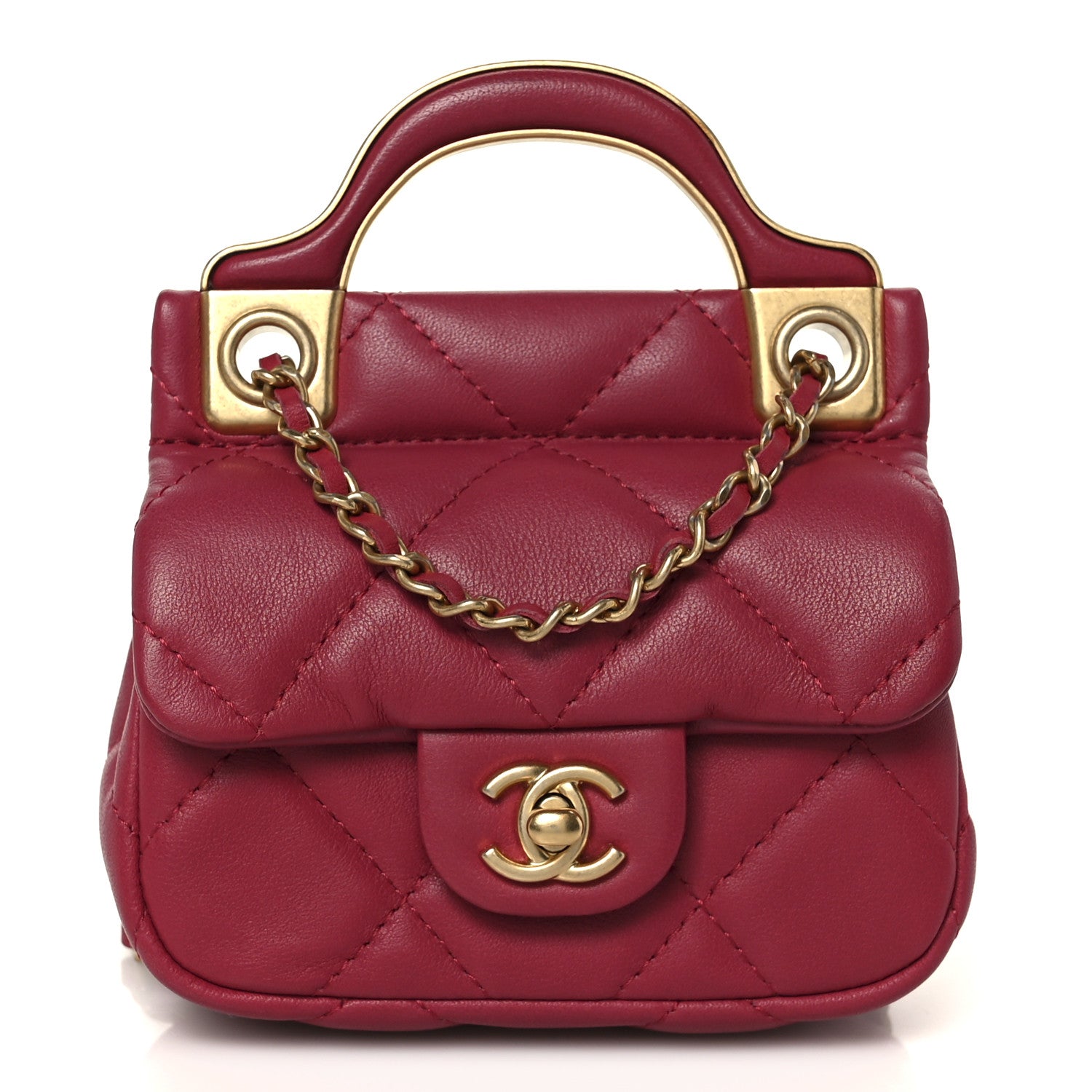 Calfskin Quilted Lady Handle Flap  Holder With Chain Dark Pink