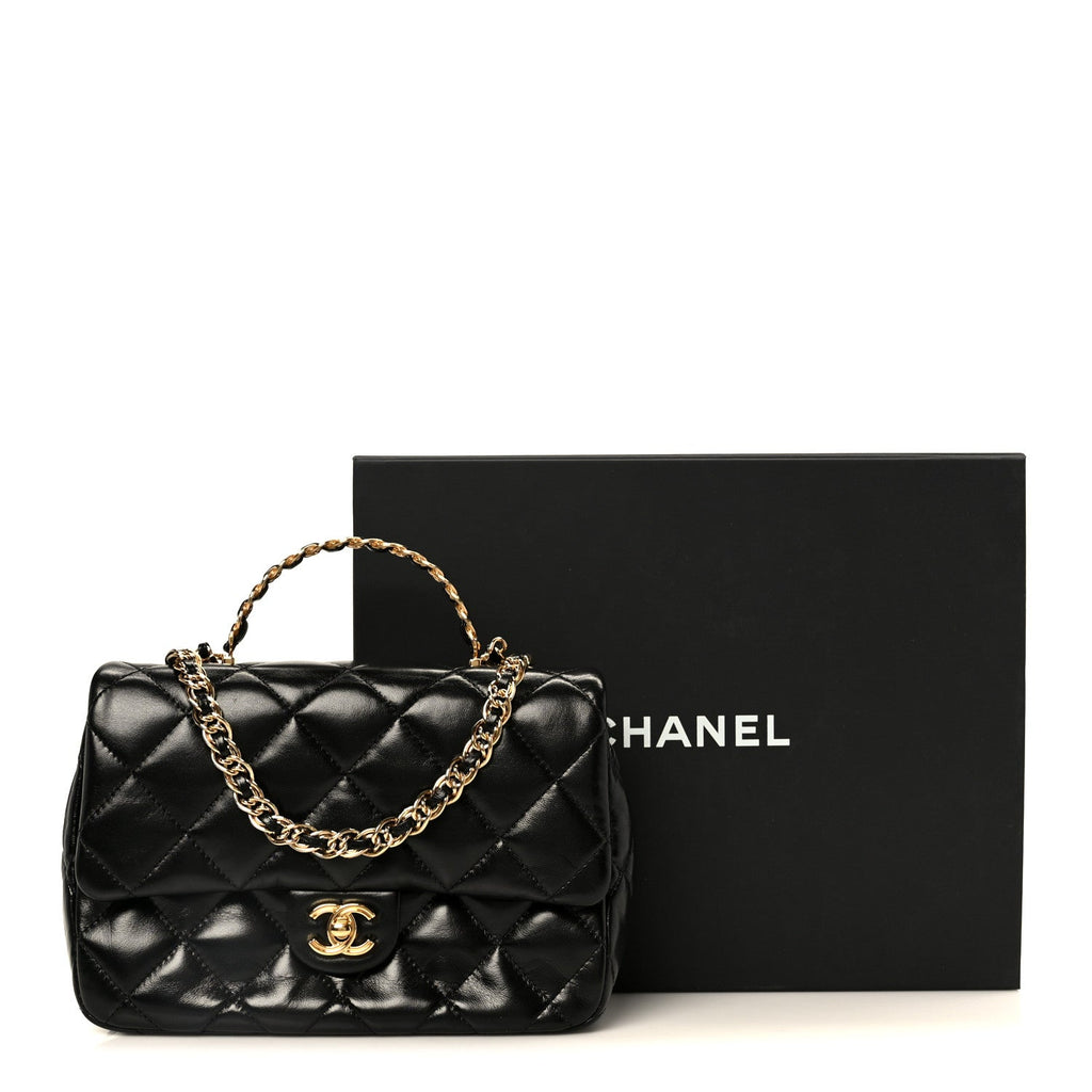 Shiny Lambskin Quilted Golden Links Top Handle Flap Black