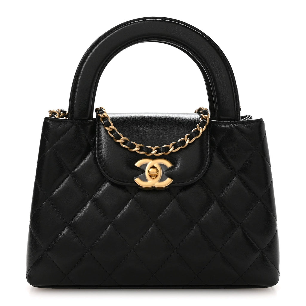 Shiny Aged Calfskin Quilted Nano Kelly Shopper Black