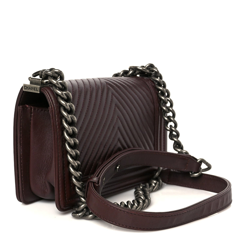 Calfskin Chevron Quilted Small Boy Flap Burgundy