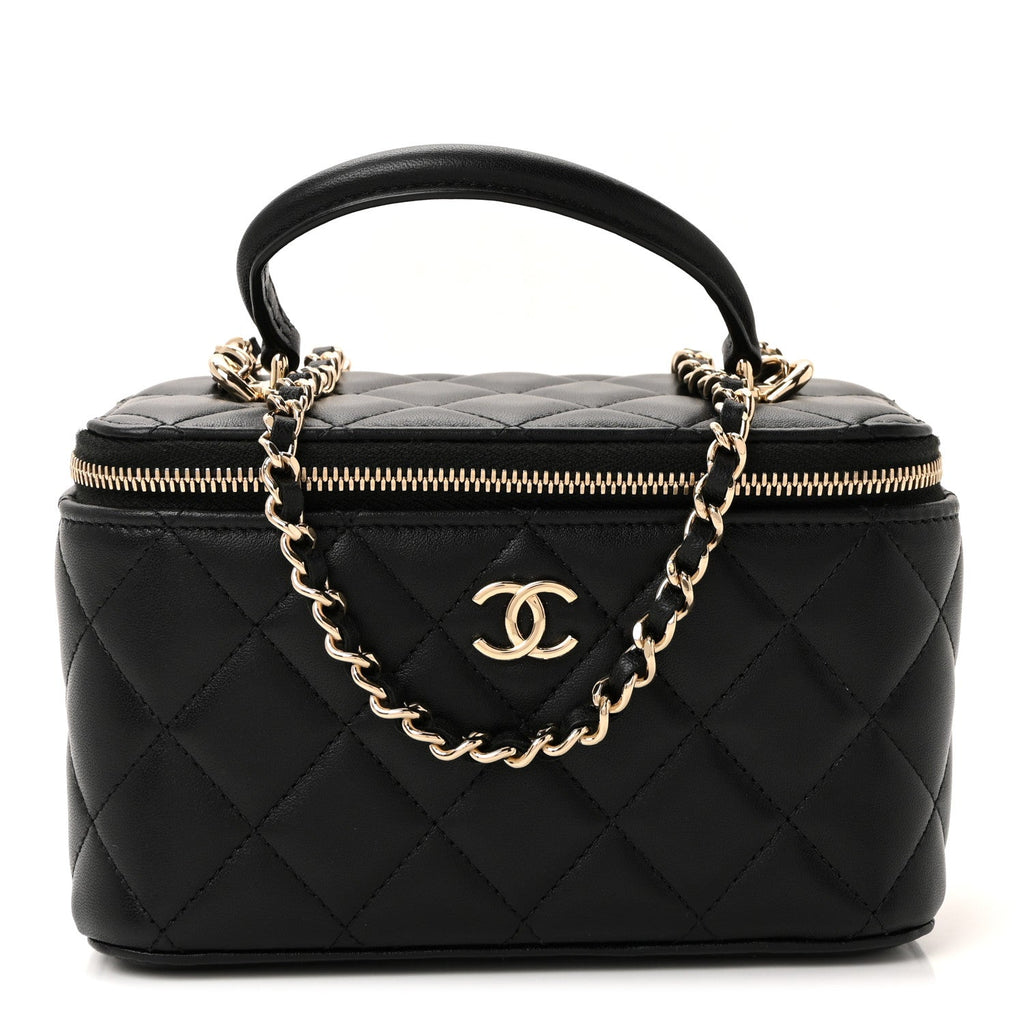 Lambskin Quilted Small Top Handle Vanity Case With Chain Black