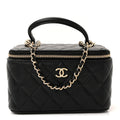 Lambskin Quilted Small Top Handle Vanity Case With Chain Black