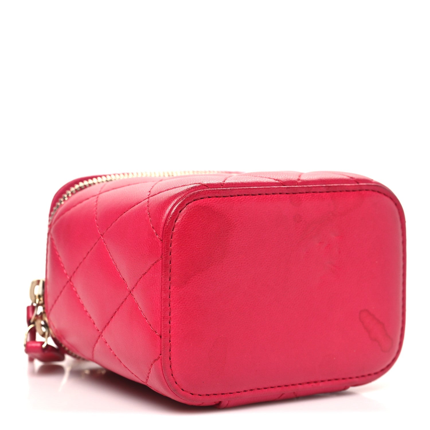 Lambskin Quilted Mini Top Handle Vanity Case With Chain Dark Pink