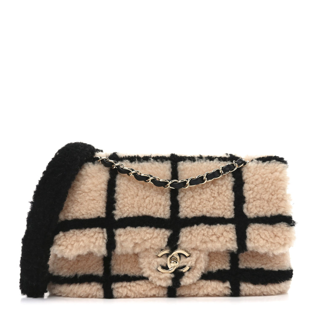 Shearling Lambskin Large Fluffy Tartan Single Flap Pink Black