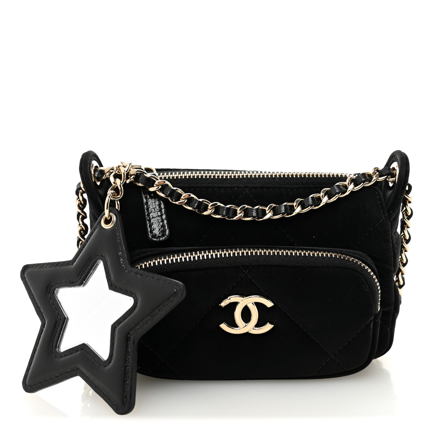 Velvet Effect Nylon Shiny Crumpled Calfskin Mini Quilted Chanel 25 Clutch With Chain Black