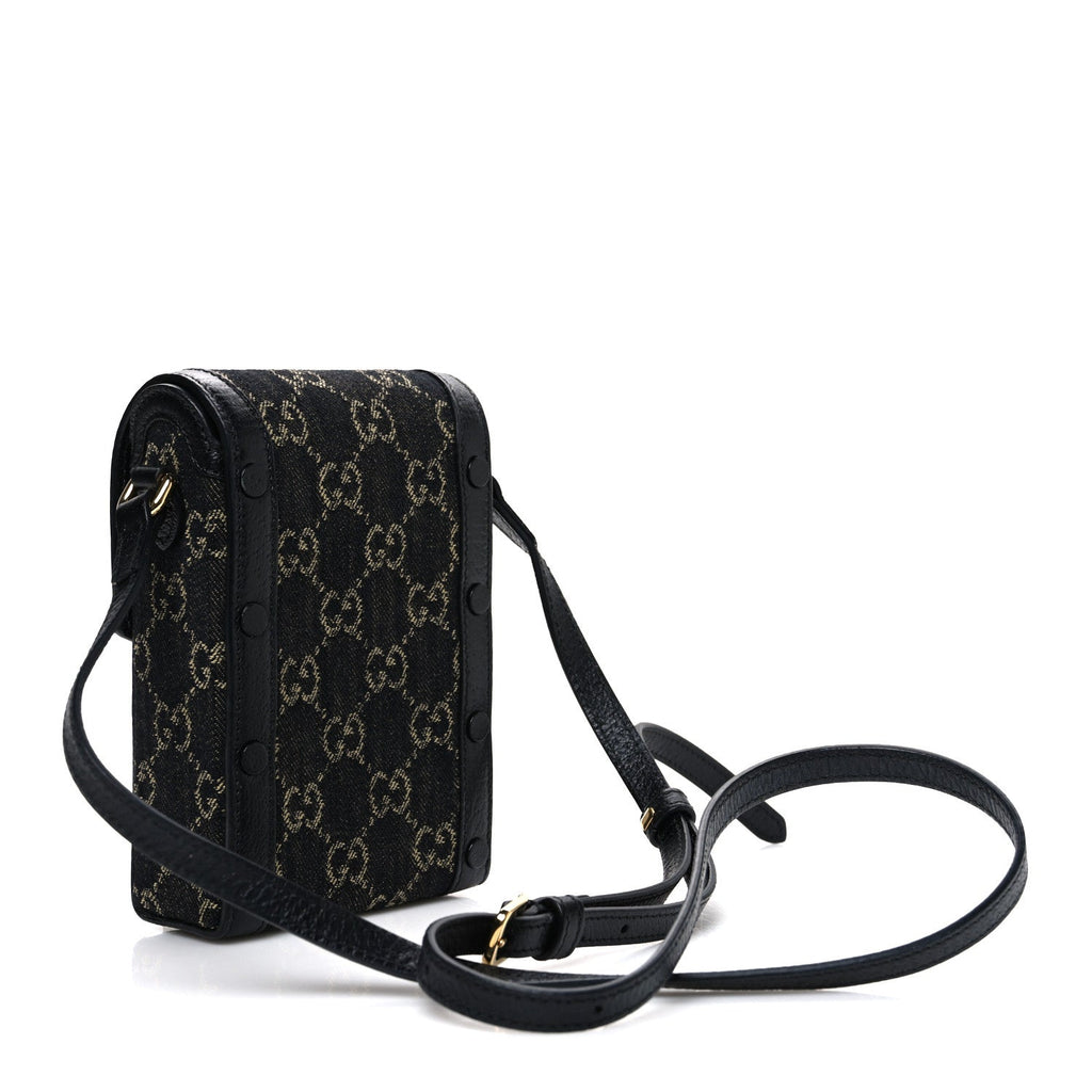 Jacquard Black Denim GG Monogram Textured Dollar Calfskin Mini Horsebit 1955 Crossbody Bag Black Ivory