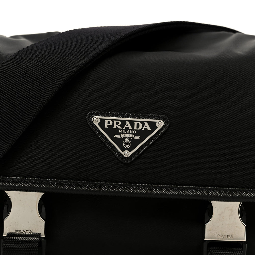 Re-Nylon Saffiano Pocket Double Snap Buckle Shoulder Bag Black