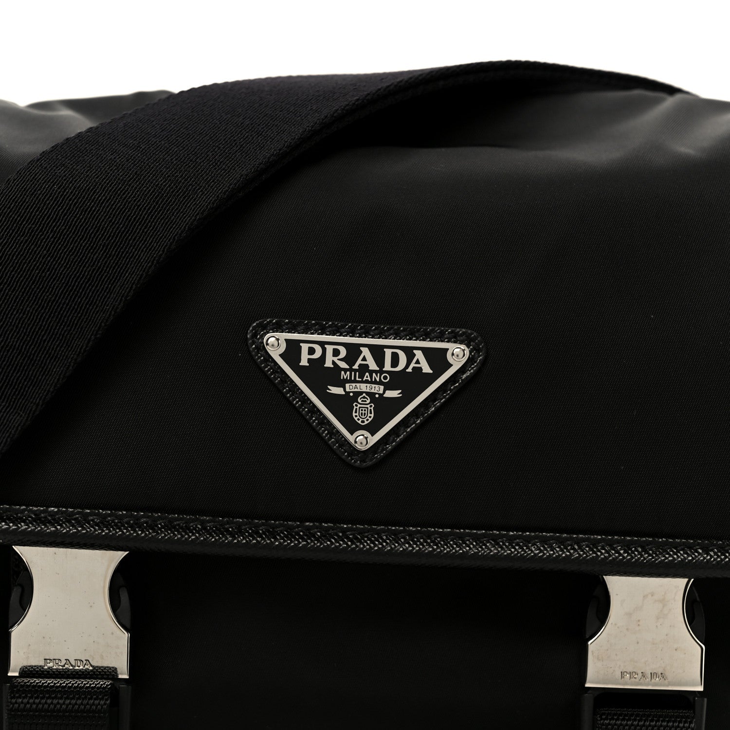 Re-Nylon Saffiano Pocket Double Snap Buckle Shoulder Bag Black