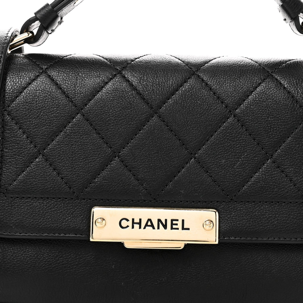 Grained Calfskin Quilted Small Label Click Flap Bag Black