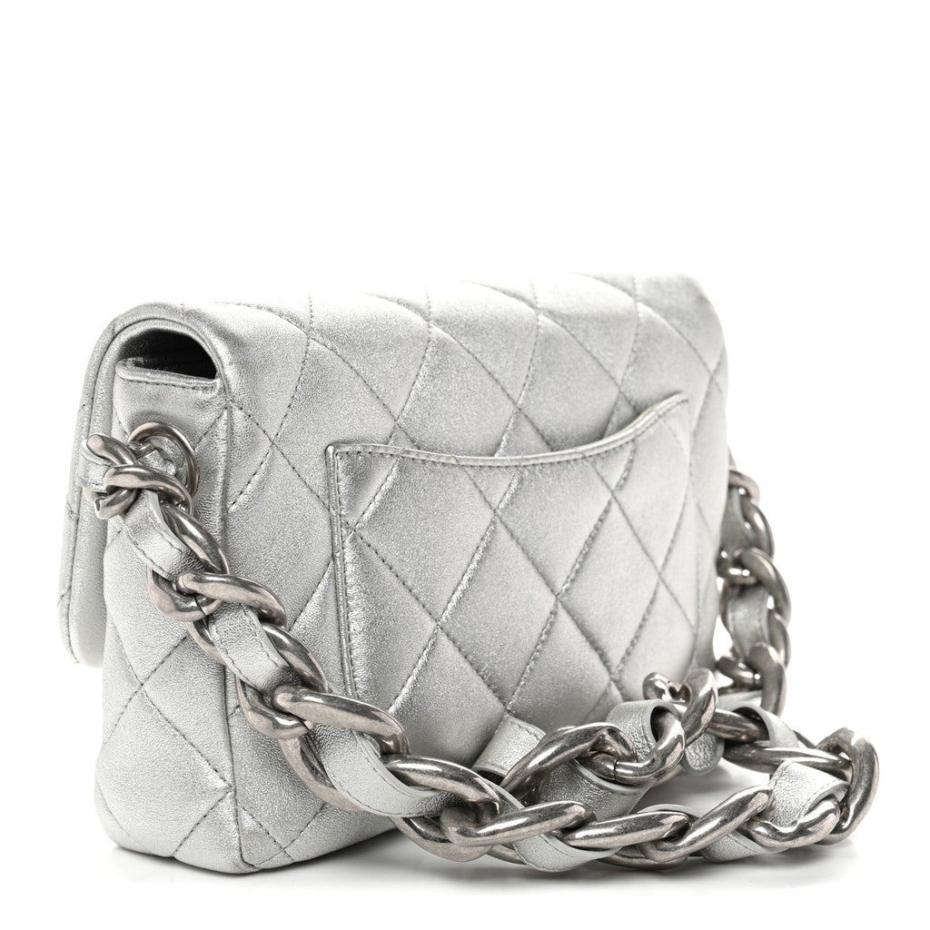 Metallic Lambskin Lacquered Quilted Small Flap Silver