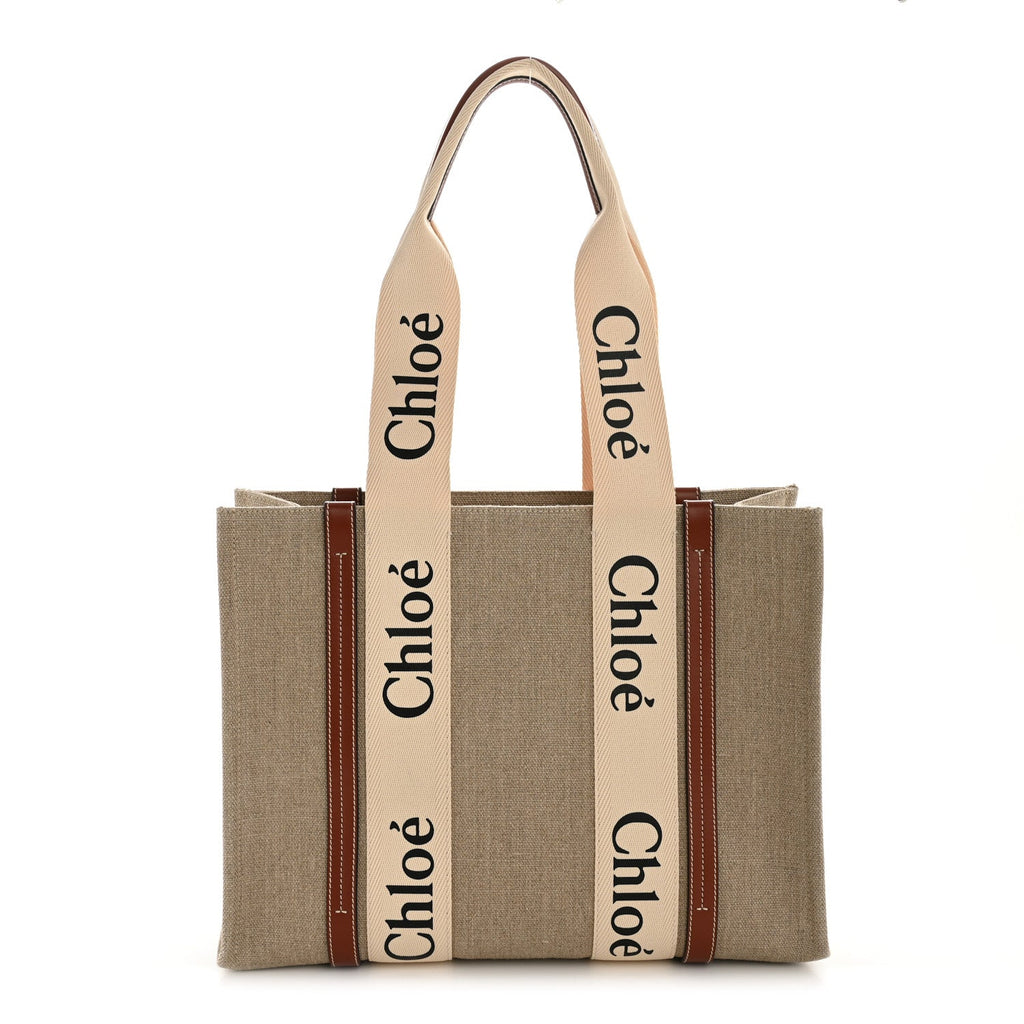 Linen Calfskin Medium Woody Ribbon Tote White Brown