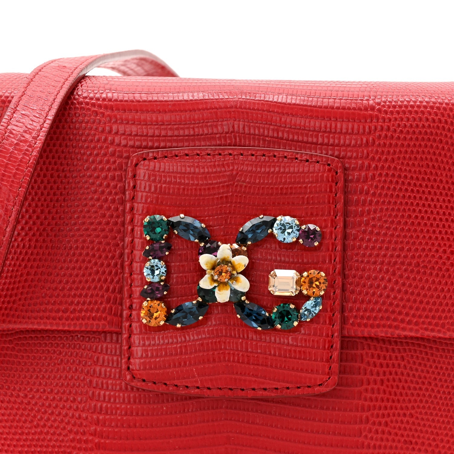 Lizard Embossed Crystal Embellished DG Millennials Mini Crossbody Bag Red