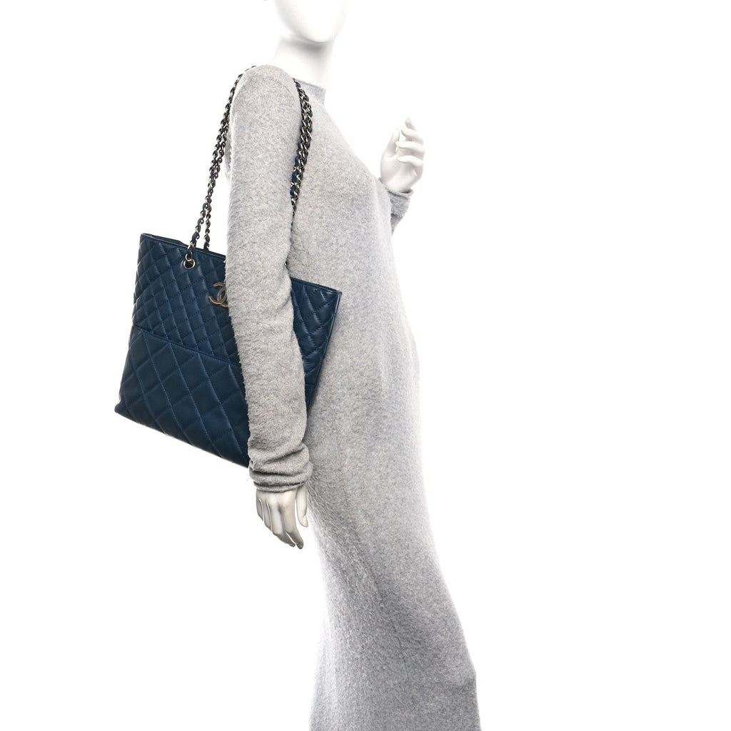 Calfskin Quilted In The Business North South Tote  Blue