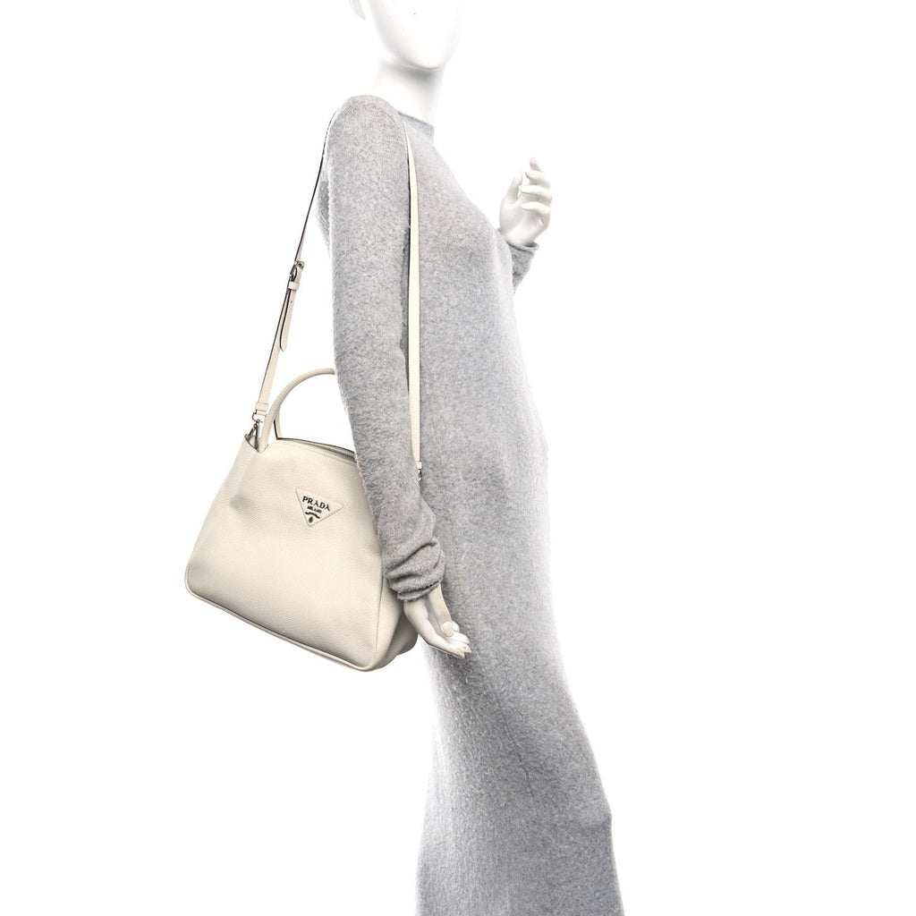 Vitello Daino Soft Medium Zippered Top Handle Bag White