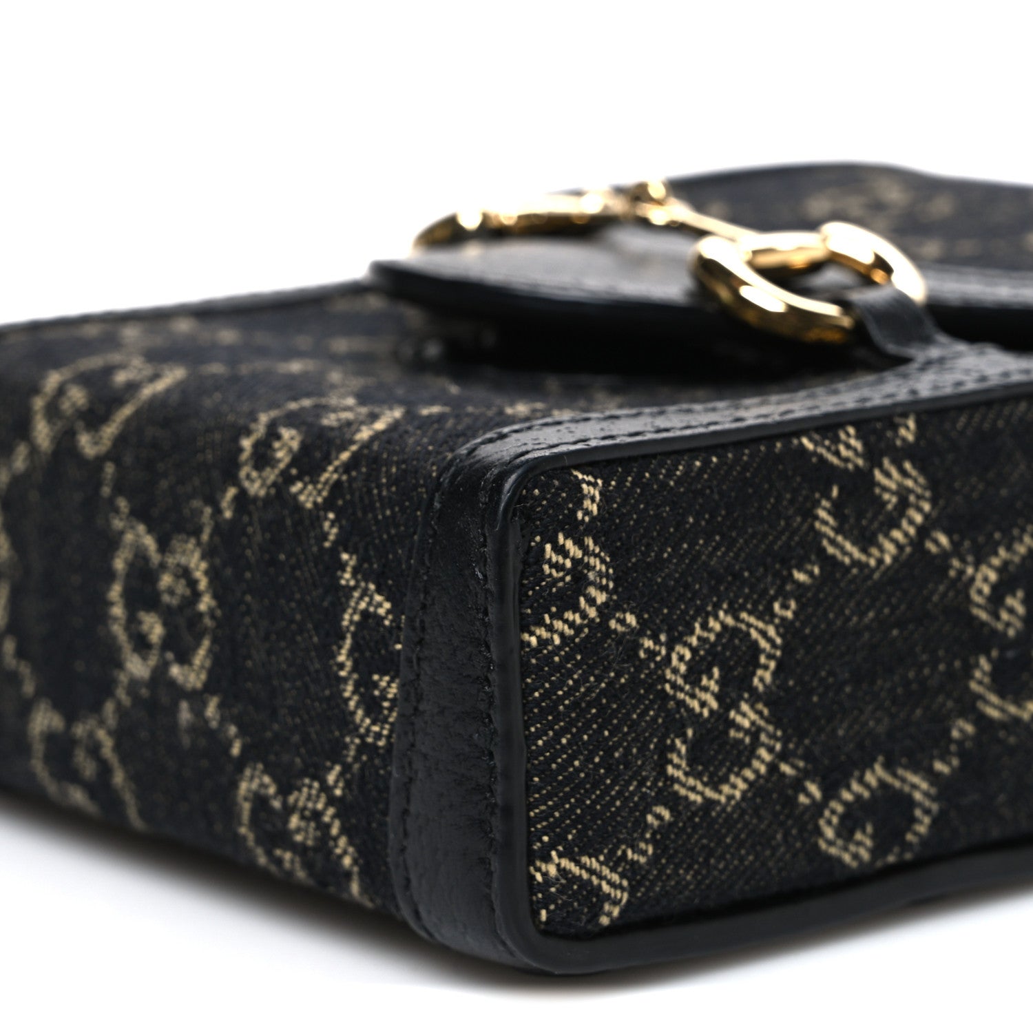 Jacquard Black Denim GG Monogram Textured Dollar Calfskin Mini Horsebit 1955 Crossbody Bag Black Ivory