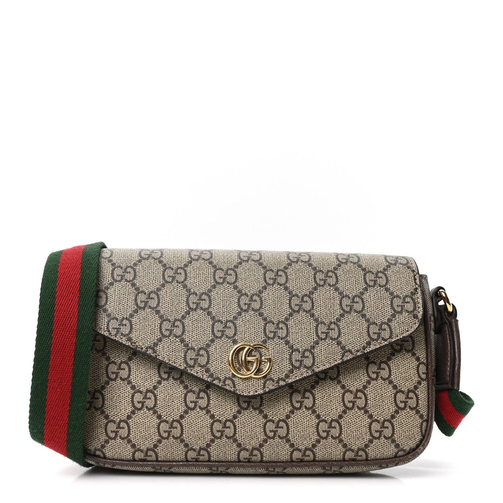GG Supreme Monogram Textured Dollar Calfskin Web Mini Ophidia Envelope Shoulder Bag Beige Ebony