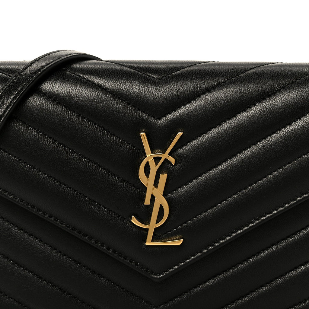 Lambskin Matelasse Chevron Monogram Cassandre Envelope Chain Wallet Black