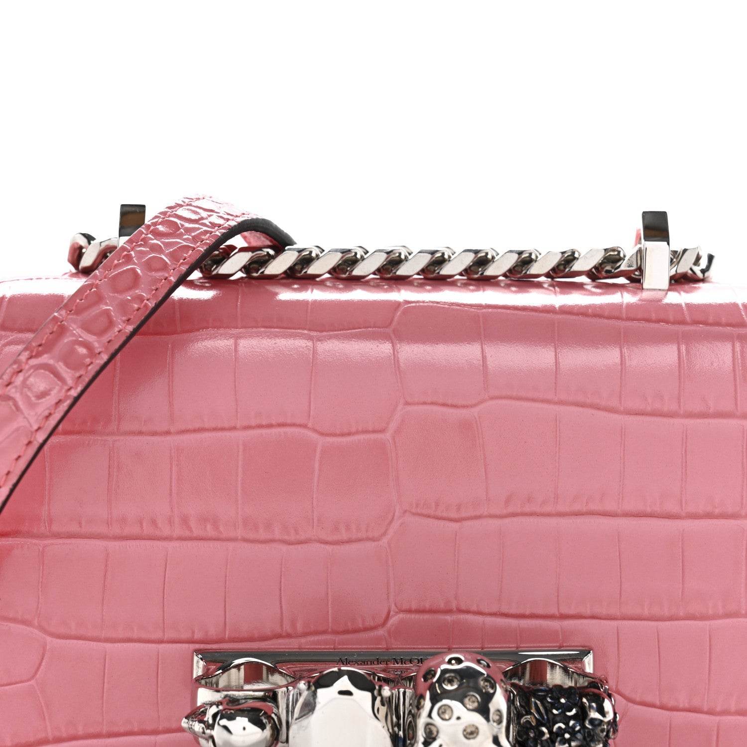 Calfskin Crocodile Embossed Mini Jeweled Knuckle Satchel Pink