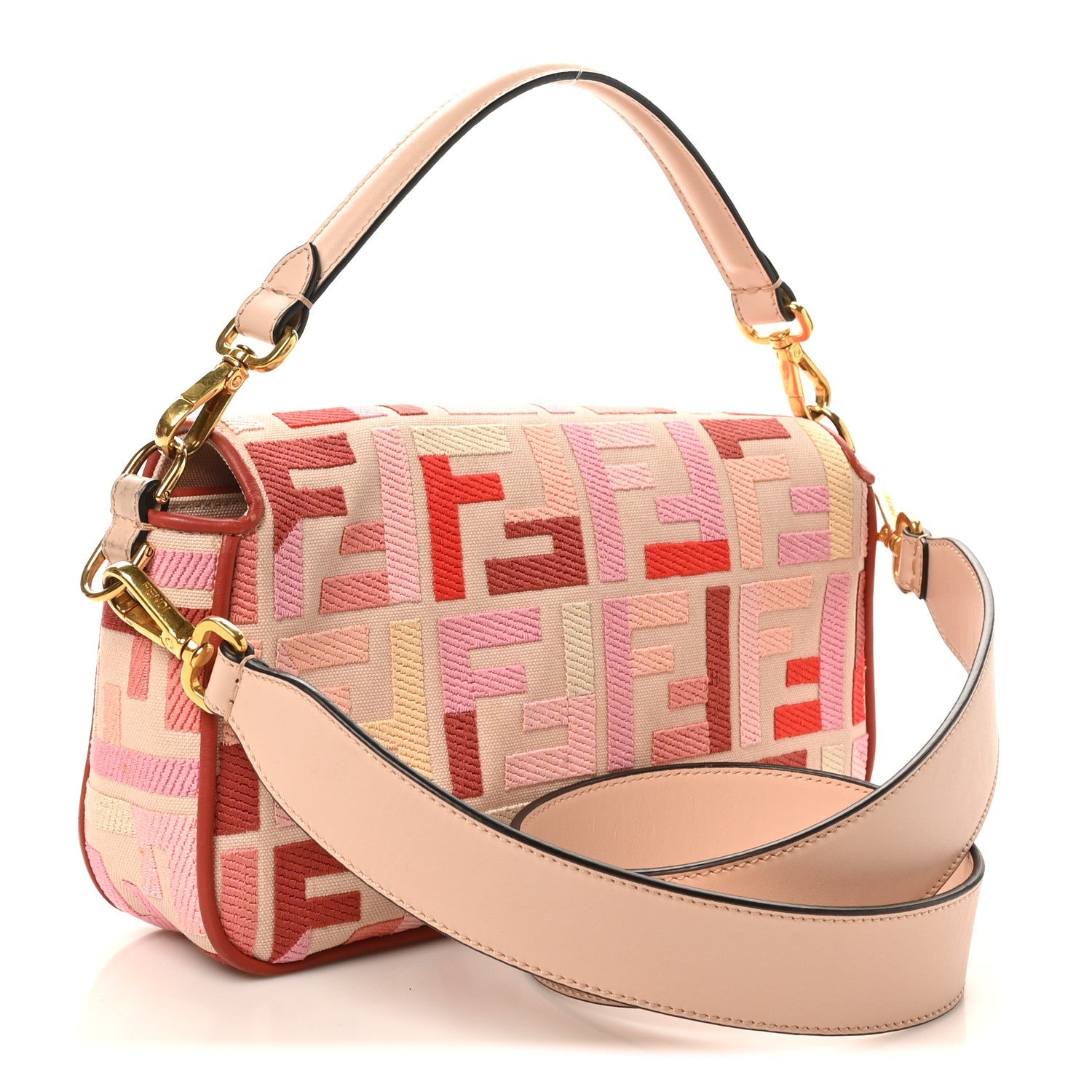 Canvas Vitello King FF Embroidered Baguette Rosa Quarzo Bloody Mary Multicolor