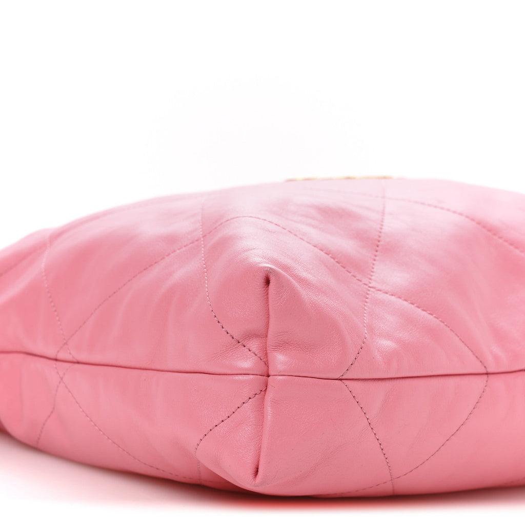 Shiny Calfskin Quilted Chanel 22 Drawstring Bag Pink