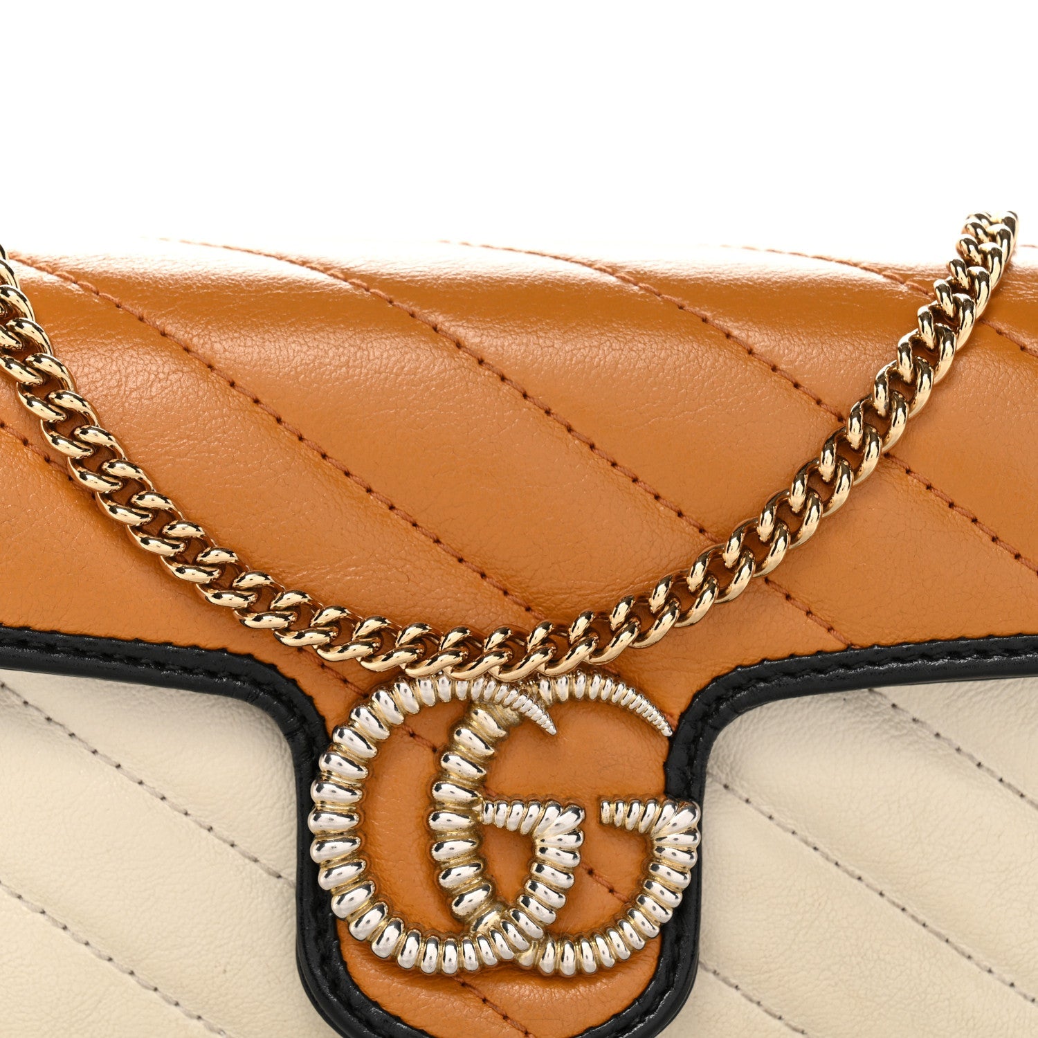 Vintage Effect Calfskin Matelasse Diagonal Super Mini Torchon GG Marmont Shoulder Bag  Cognac Mystic White Blue Agata