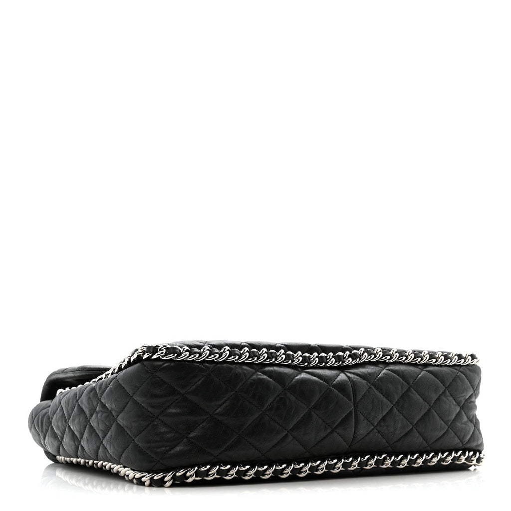 Washed Lambskin Quilted Maxi Chain Around Flap Black