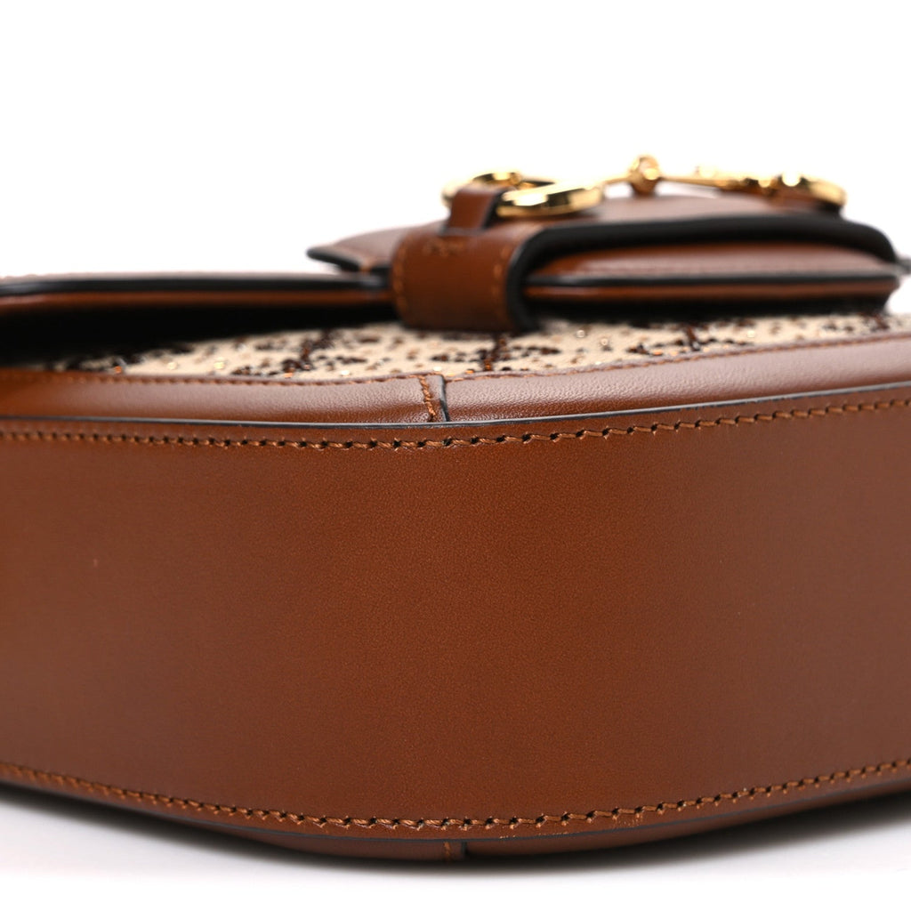 New Canvas Charisma Calfskin Crystal GG Monogram Mini Horsebit 1955 Shoulder Bag Camel Ebony