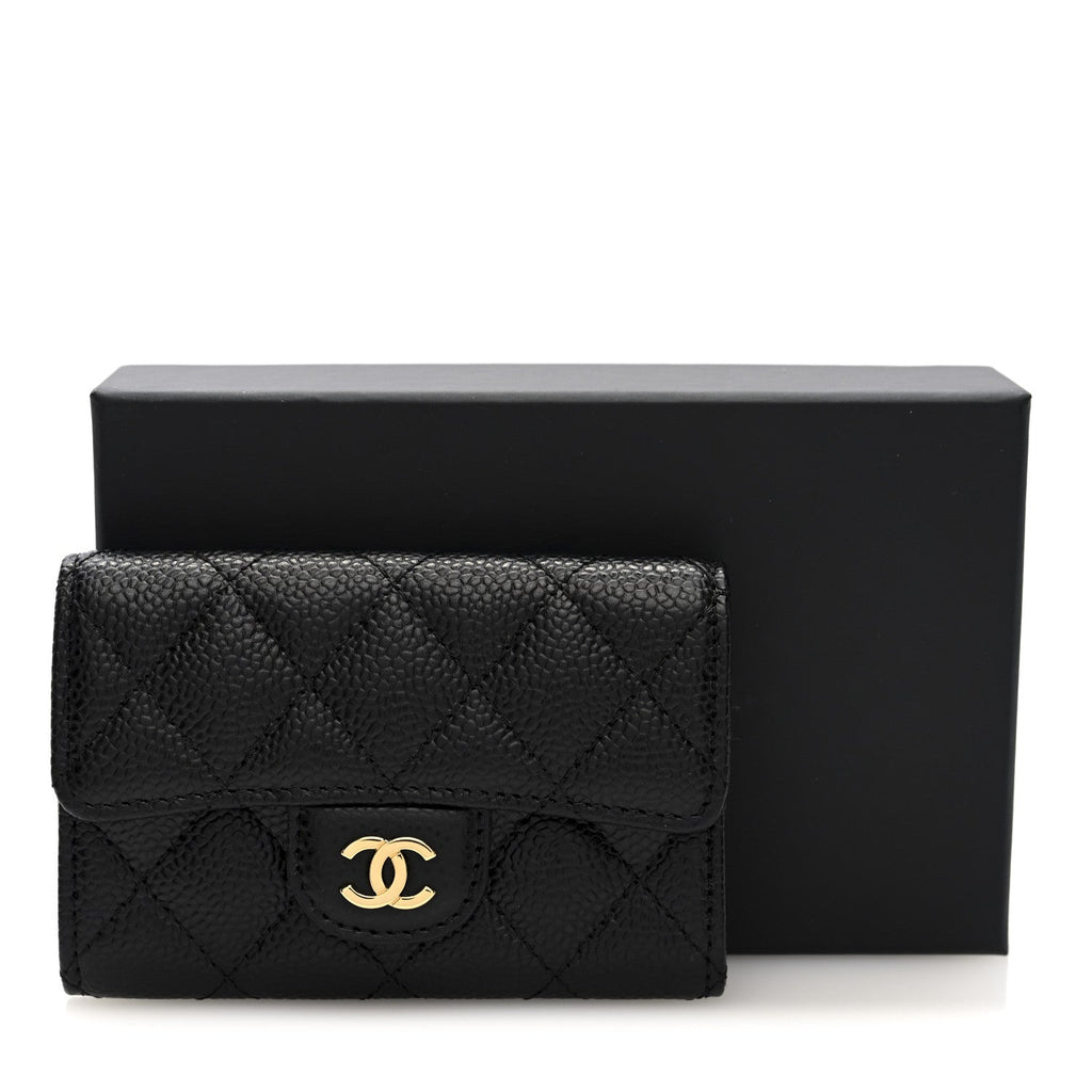Caviar Quilted Flap  Holder Wallet Black