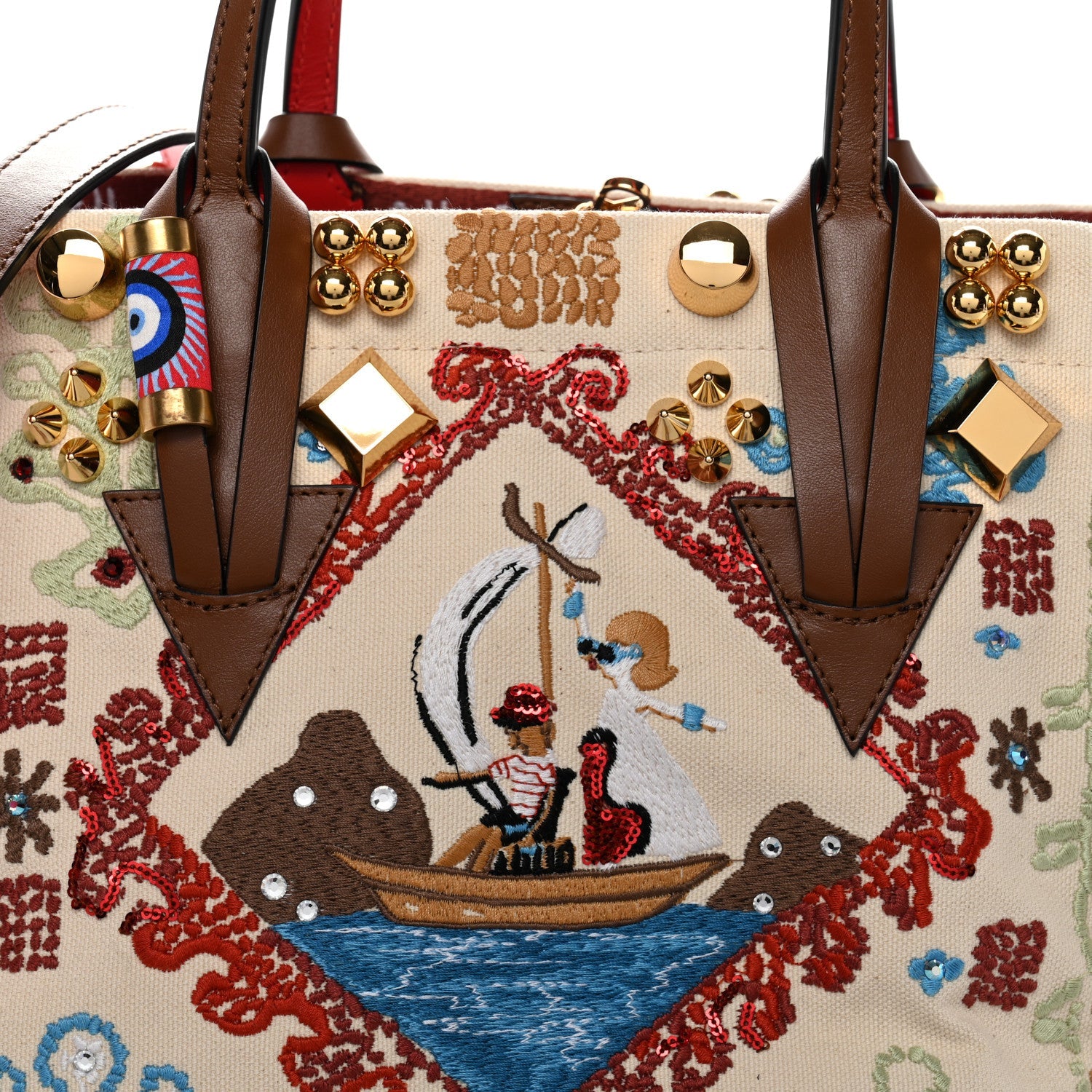 Frise Broderie Calfskin Greekaba Tote Biscotto Multicolor