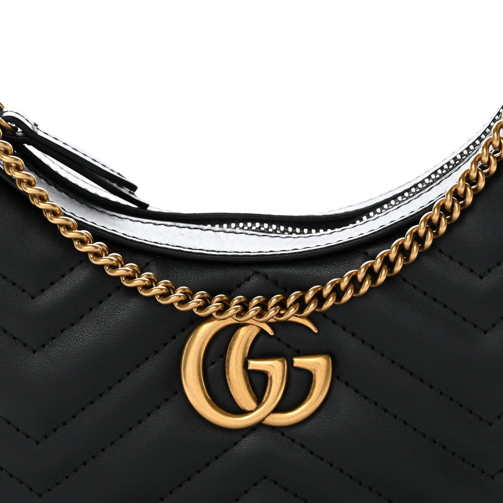 Calfskin Matelasse Chevron Mini GG Marmont Half Moon Hobo Black