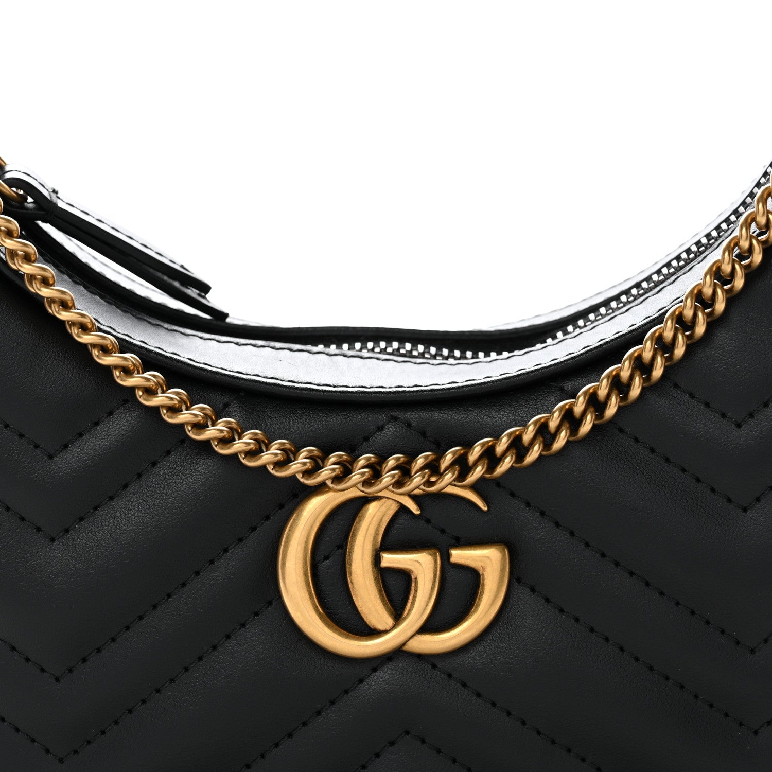 Calfskin Matelasse Chevron Mini GG Marmont Half Moon Hobo Black