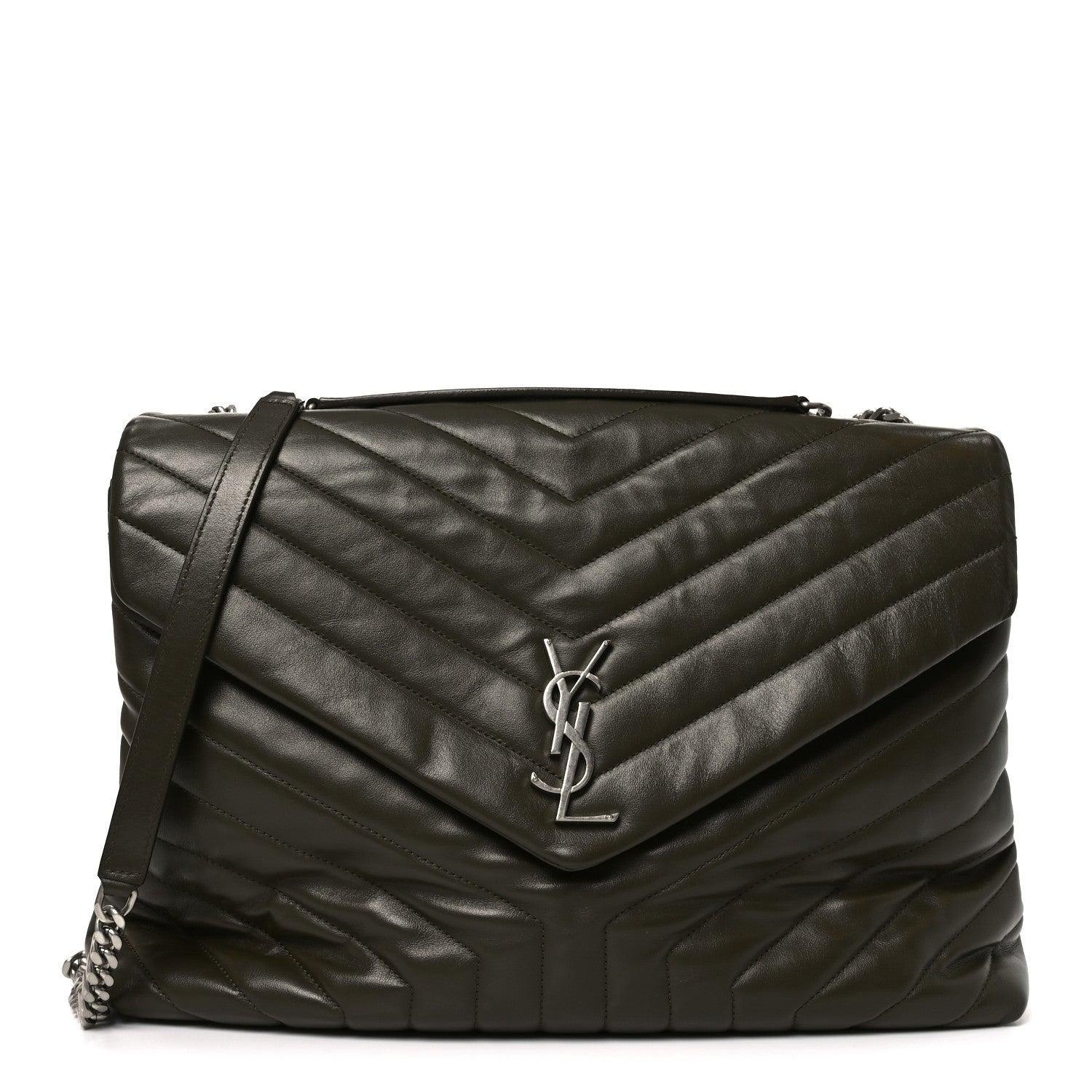 Calfskin Y Quilted Monogram Large Loulou Chain Satchel Kaki Fonce