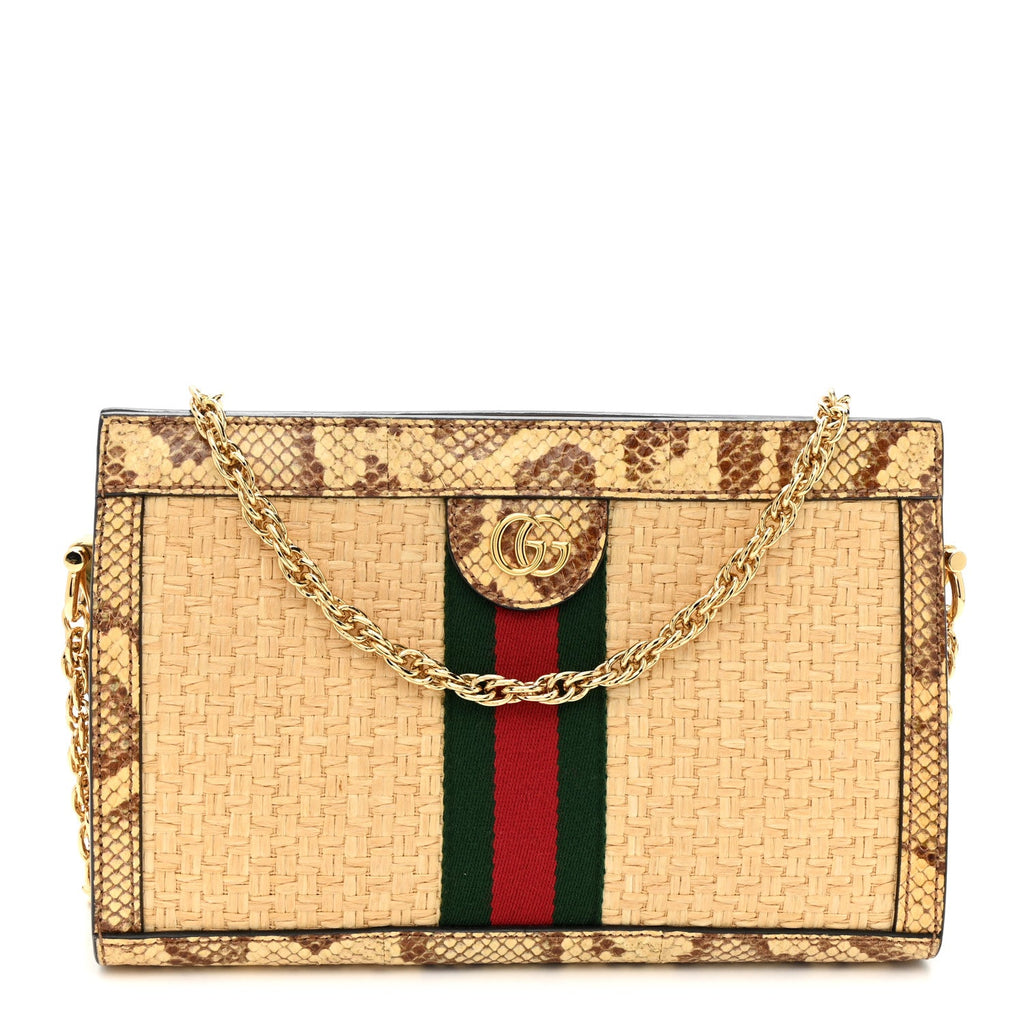Raffia Elaphe GG Small Ophidia Chain Shoulder Bag Natural Cream Brown