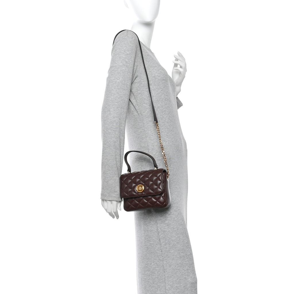 Nappa Quilted Medusa Top Handle Crossbody Flap Dark Brown
