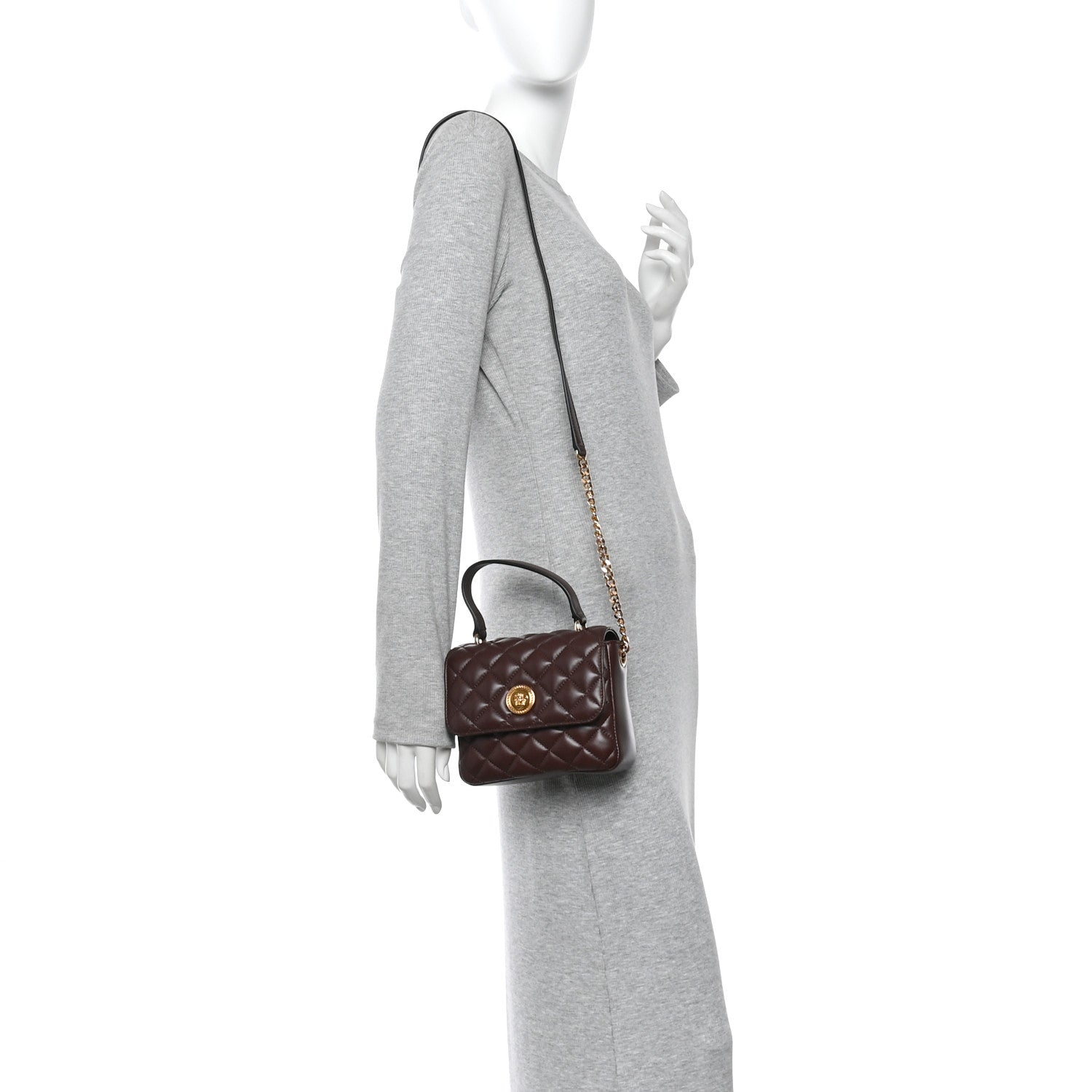 Nappa Quilted Medusa Top Handle Crossbody Flap Dark Brown
