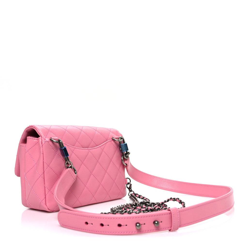Shiny Goatskin Quilted Small Double Carry Waist Chain Flap Pink