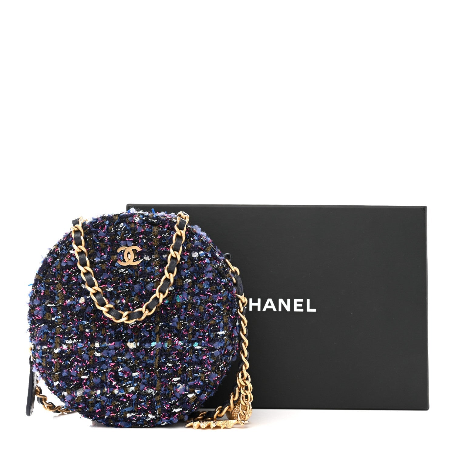 Tweed Quilted Round Clutch With Chain Multicolor